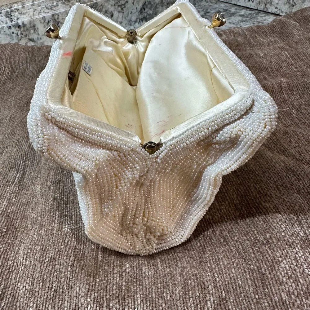 Vintage Cream Hand Beaded in Belgium Clutch bag with Coin Purse